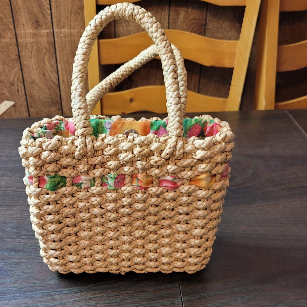 Tan Woven Tote Bag with Braided Handles